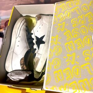 Kids Golden Goose Superstar, white w/ black, suede toe, leopard heel. Size 29